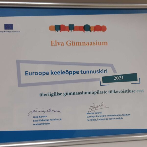 Euroopa keeleõppe tunnuskirja diplom Elva Gümnaasiumile